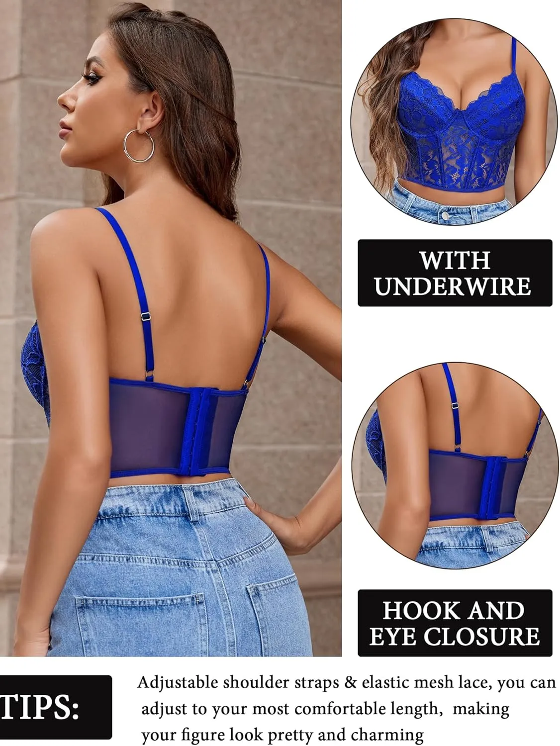 Avidlove Lace Bralette for Women V Neck Bustier Corset Tops with Underwired Racerback Adjustable Strap Crop Top