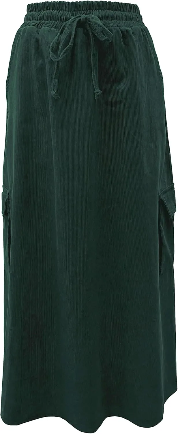 BABY O Womens 100% Cotton Corduroy Drawstring Elastic Waist Cargo Pocket Long Ankle Length Maxi Skirt, Made in USA