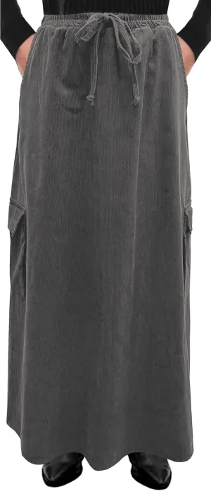 BABY O Womens 100% Cotton Corduroy Drawstring Elastic Waist Cargo Pocket Long Ankle Length Maxi Skirt, Made in USA