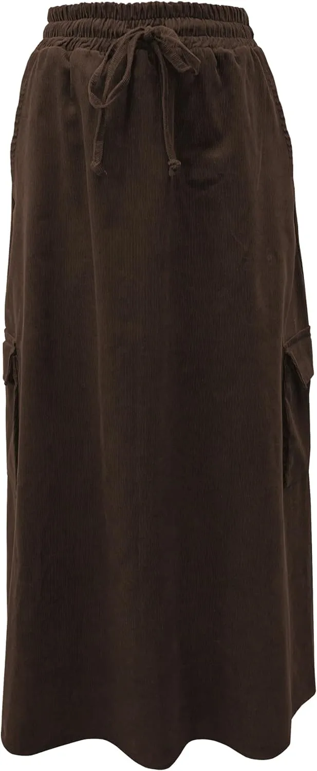 BABY O Womens 100% Cotton Corduroy Drawstring Elastic Waist Cargo Pocket Long Ankle Length Maxi Skirt, Made in USA