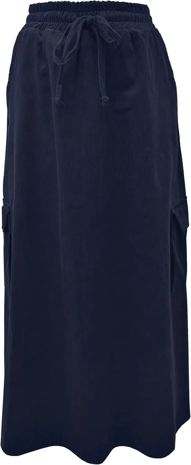 BABY O Womens 100% Cotton Corduroy Drawstring Elastic Waist Cargo Pocket Long Ankle Length Maxi Skirt, Made in USA