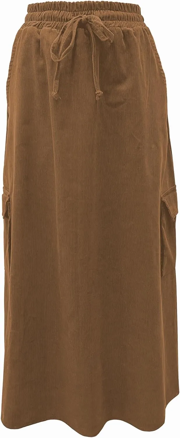 BABY O Womens 100% Cotton Corduroy Drawstring Elastic Waist Cargo Pocket Long Ankle Length Maxi Skirt, Made in USA