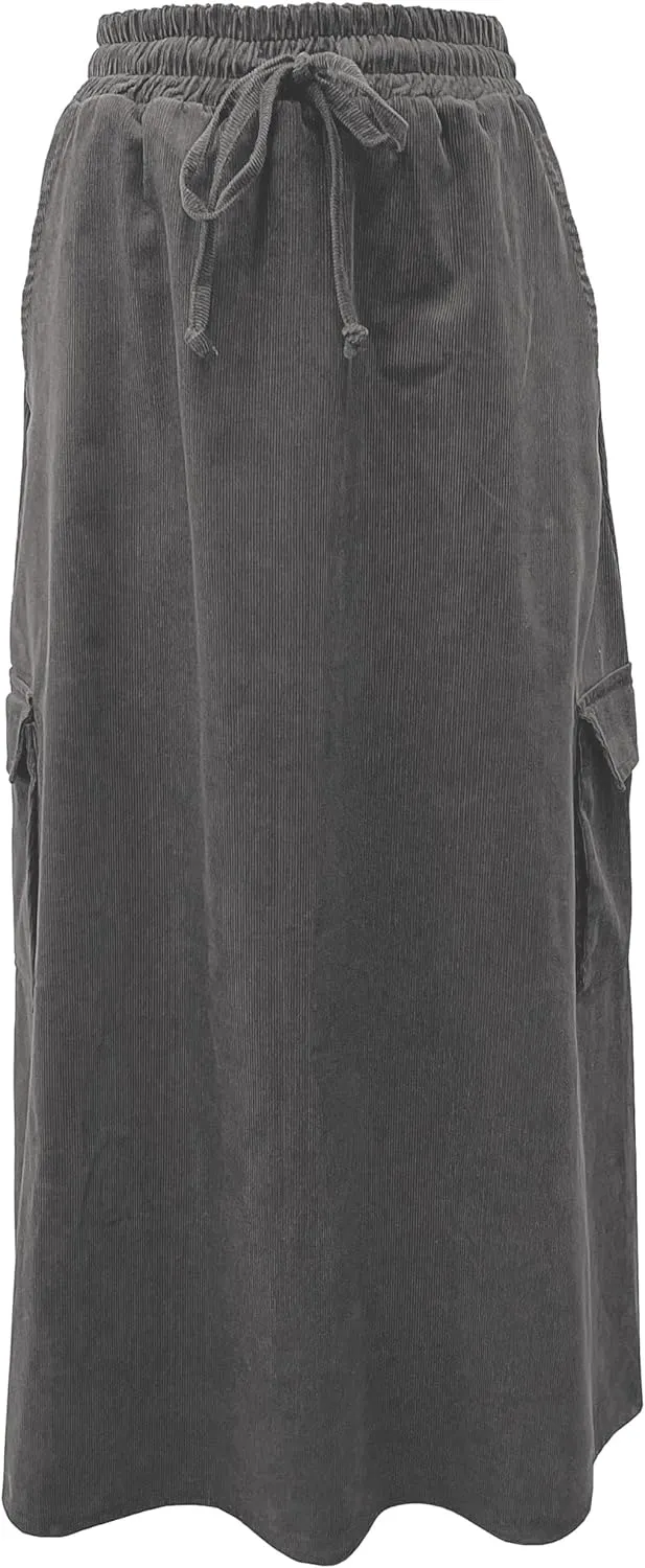 BABY O Womens 100% Cotton Corduroy Drawstring Elastic Waist Cargo Pocket Long Ankle Length Maxi Skirt, Made in USA
