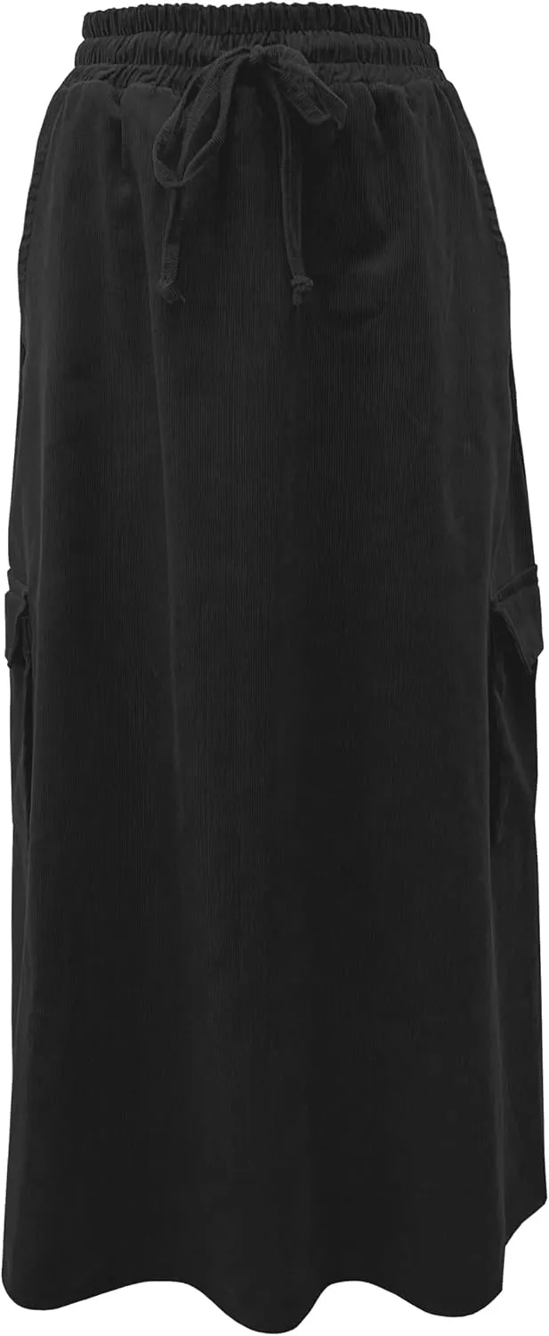 BABY O Womens 100% Cotton Corduroy Drawstring Elastic Waist Cargo Pocket Long Ankle Length Maxi Skirt, Made in USA
