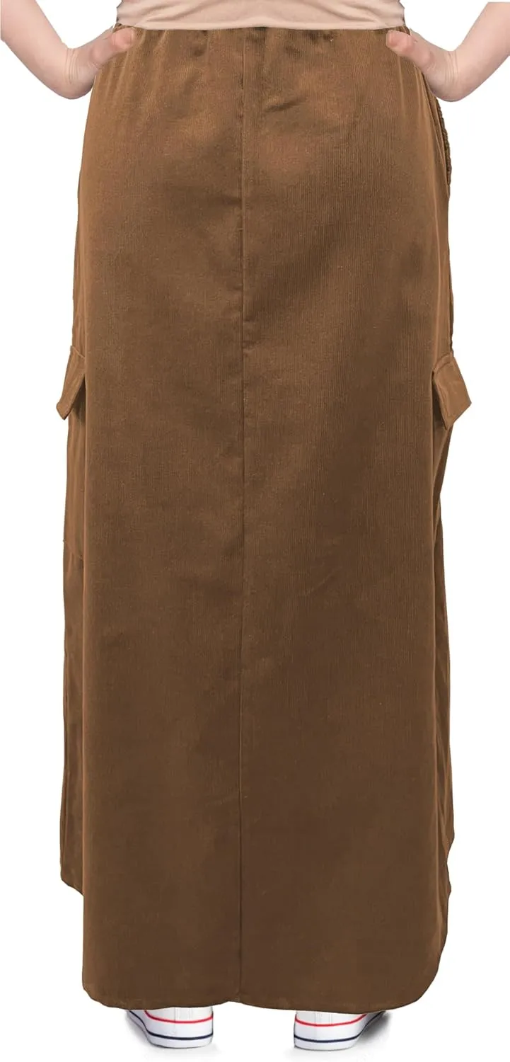 BABY O Womens 100% Cotton Corduroy Drawstring Elastic Waist Cargo Pocket Long Ankle Length Maxi Skirt, Made in USA