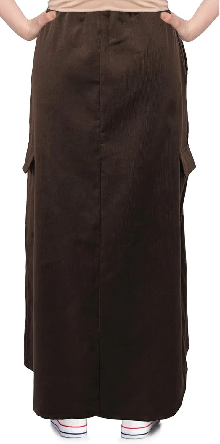 BABY O Womens 100% Cotton Corduroy Drawstring Elastic Waist Cargo Pocket Long Ankle Length Maxi Skirt, Made in USA