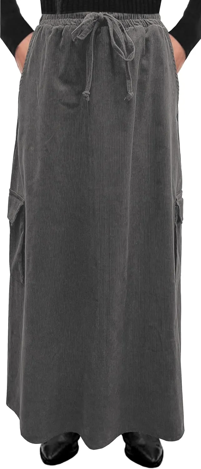 BABY O Womens 100% Cotton Corduroy Drawstring Elastic Waist Cargo Pocket Long Ankle Length Maxi Skirt, Made in USA