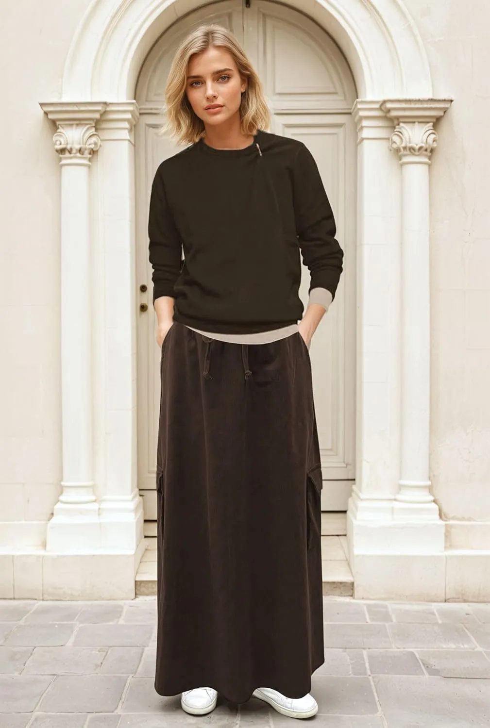 BABY O Womens 100% Cotton Corduroy Drawstring Elastic Waist Cargo Pocket Long Ankle Length Maxi Skirt, Made in USA