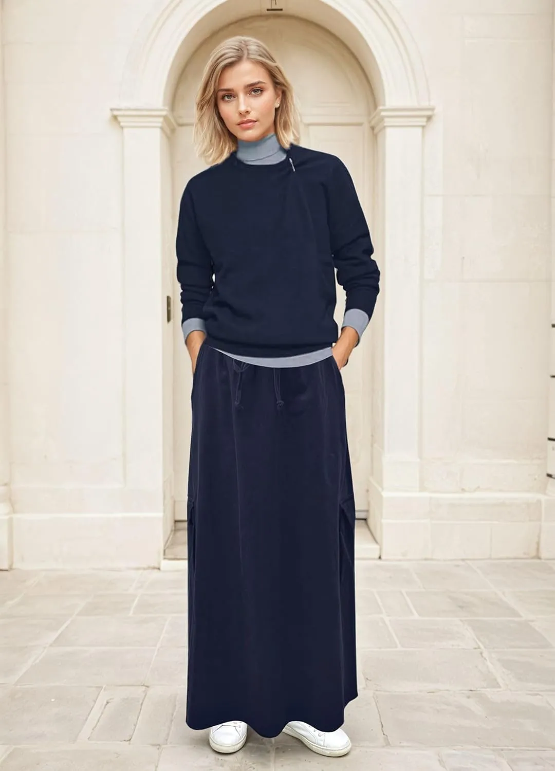 BABY O Womens 100% Cotton Corduroy Drawstring Elastic Waist Cargo Pocket Long Ankle Length Maxi Skirt, Made in USA