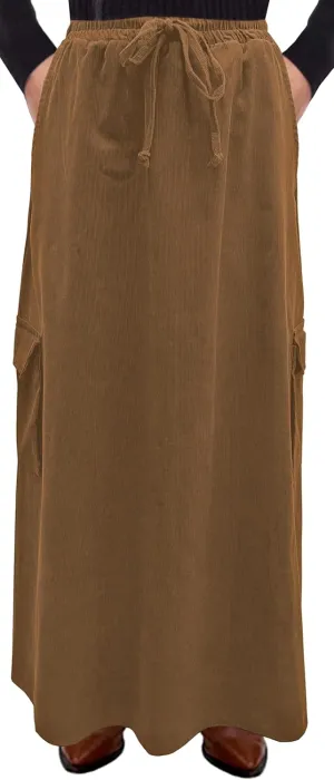 BABY O Womens 100% Cotton Corduroy Drawstring Elastic Waist Cargo Pocket Long Ankle Length Maxi Skirt, Made in USA