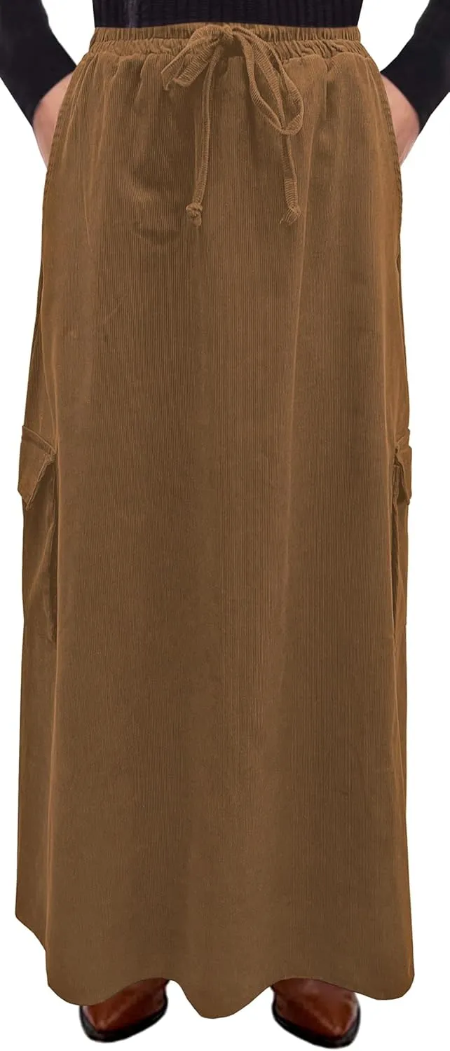 BABY O Womens 100% Cotton Corduroy Drawstring Elastic Waist Cargo Pocket Long Ankle Length Maxi Skirt, Made in USA