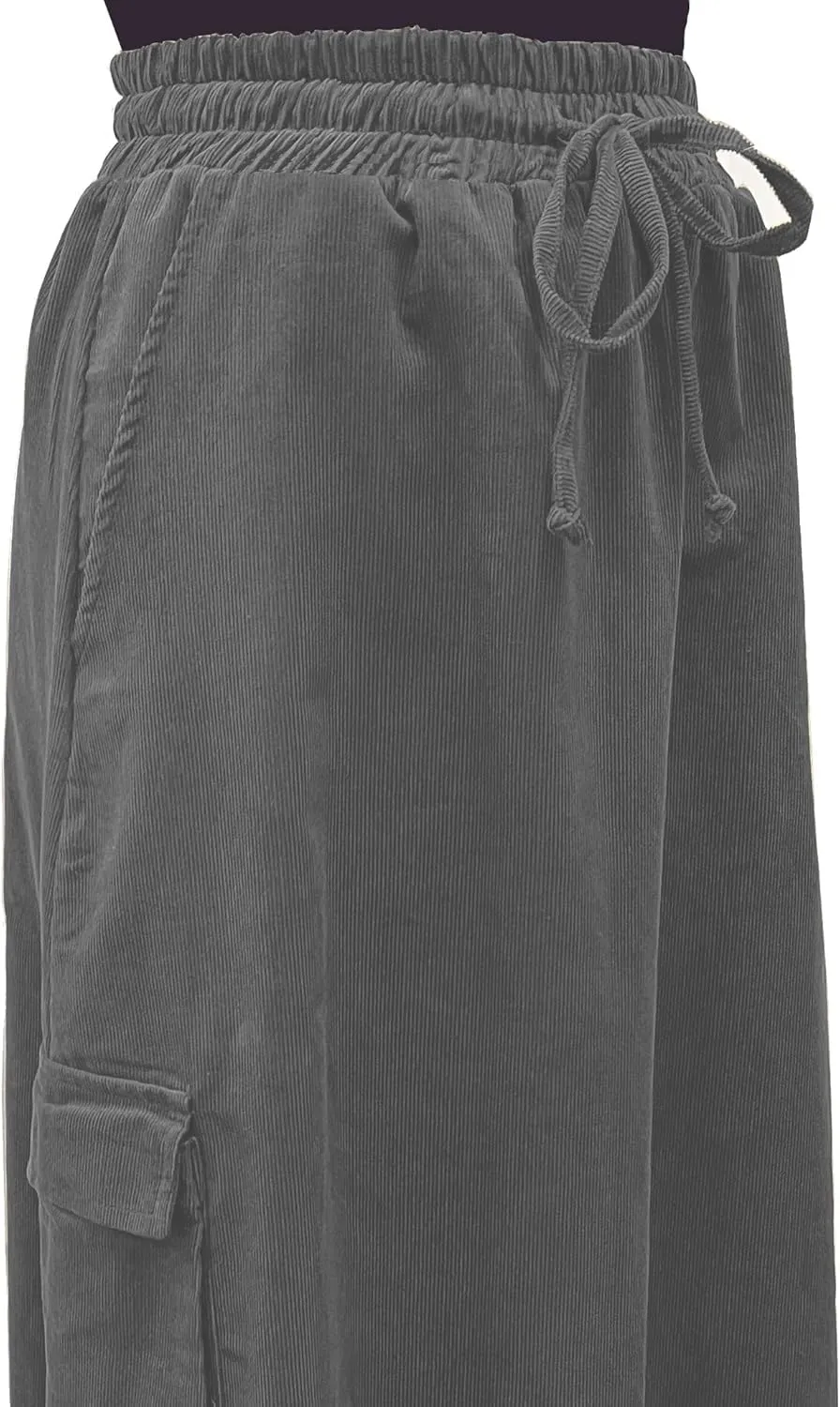 BABY O Womens 100% Cotton Corduroy Drawstring Elastic Waist Cargo Pocket Long Ankle Length Maxi Skirt, Made in USA