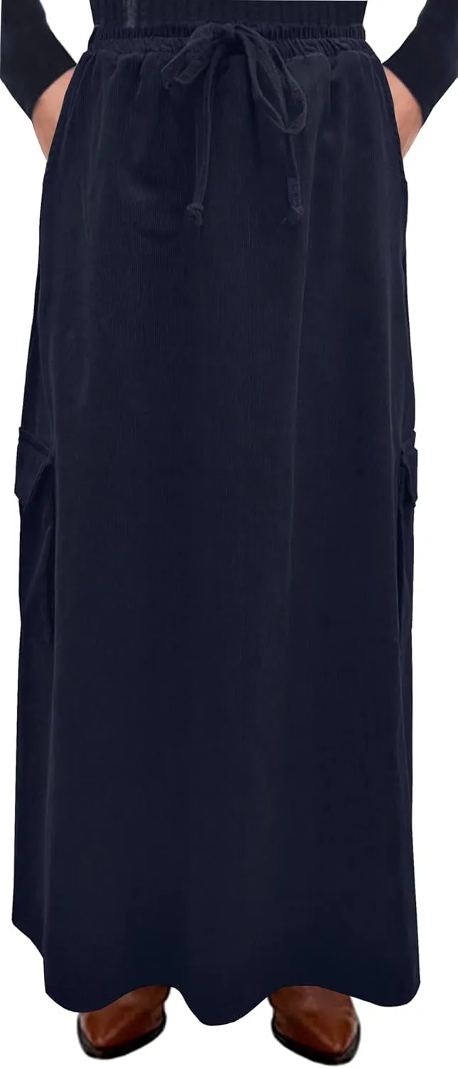 BABY O Womens 100% Cotton Corduroy Drawstring Elastic Waist Cargo Pocket Long Ankle Length Maxi Skirt, Made in USA