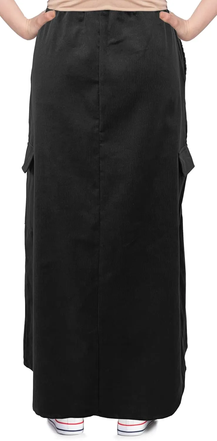 BABY O Womens 100% Cotton Corduroy Drawstring Elastic Waist Cargo Pocket Long Ankle Length Maxi Skirt, Made in USA