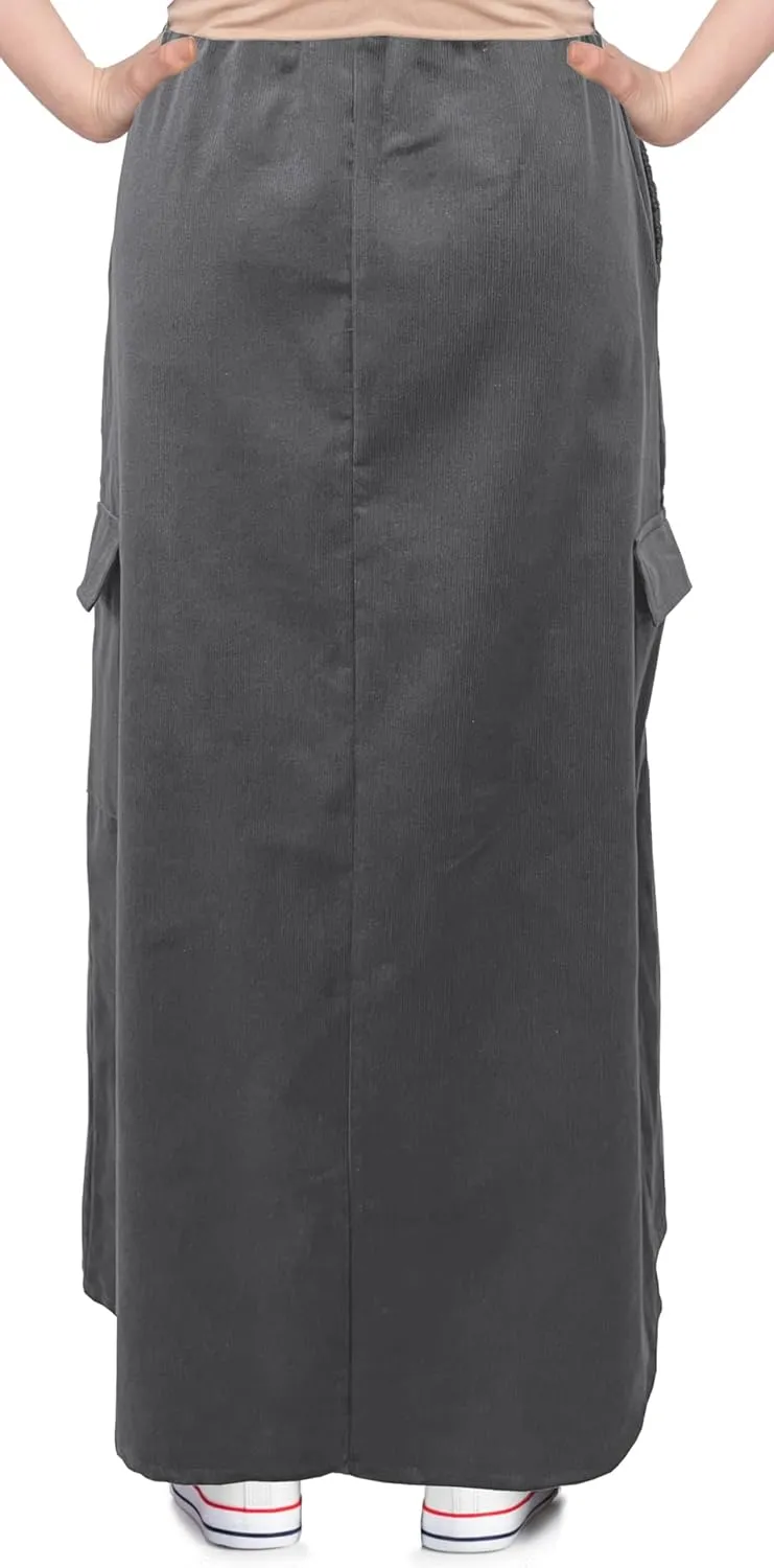BABY O Womens 100% Cotton Corduroy Drawstring Elastic Waist Cargo Pocket Long Ankle Length Maxi Skirt, Made in USA
