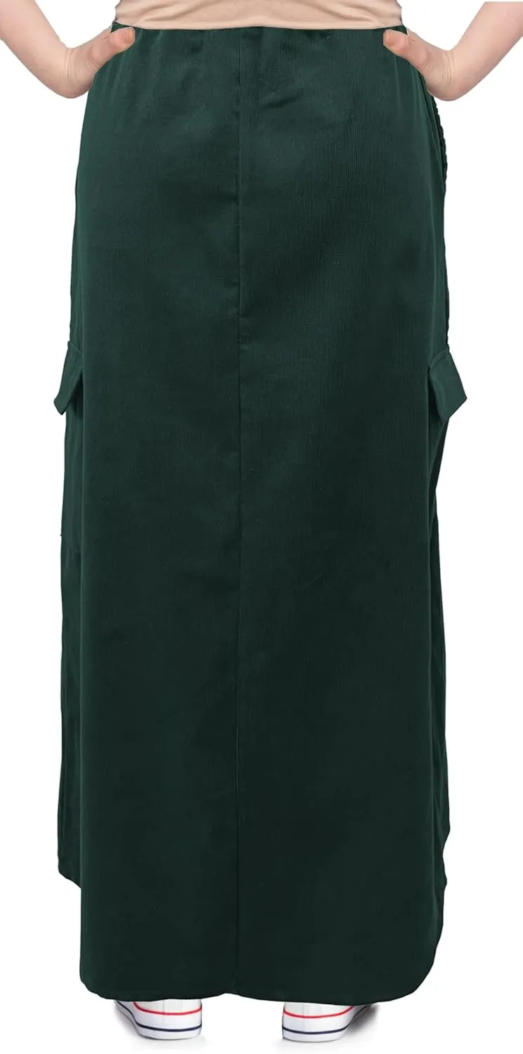 BABY O Womens 100% Cotton Corduroy Drawstring Elastic Waist Cargo Pocket Long Ankle Length Maxi Skirt, Made in USA