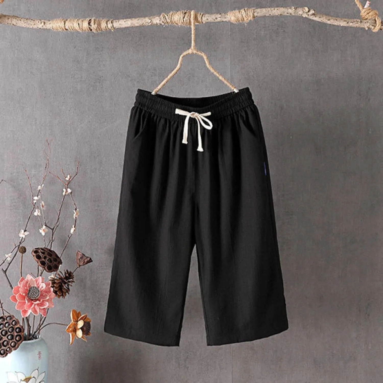Baggy Linen Pants Women Plus Size High Waisted Wide Leg Lounge Pants with Pockets Cotton Vacation Beach Pants Capris