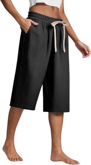 Baggy Linen Pants Women Plus Size High Waisted Wide Leg Lounge Pants with Pockets Cotton Vacation Beach Pants Capris