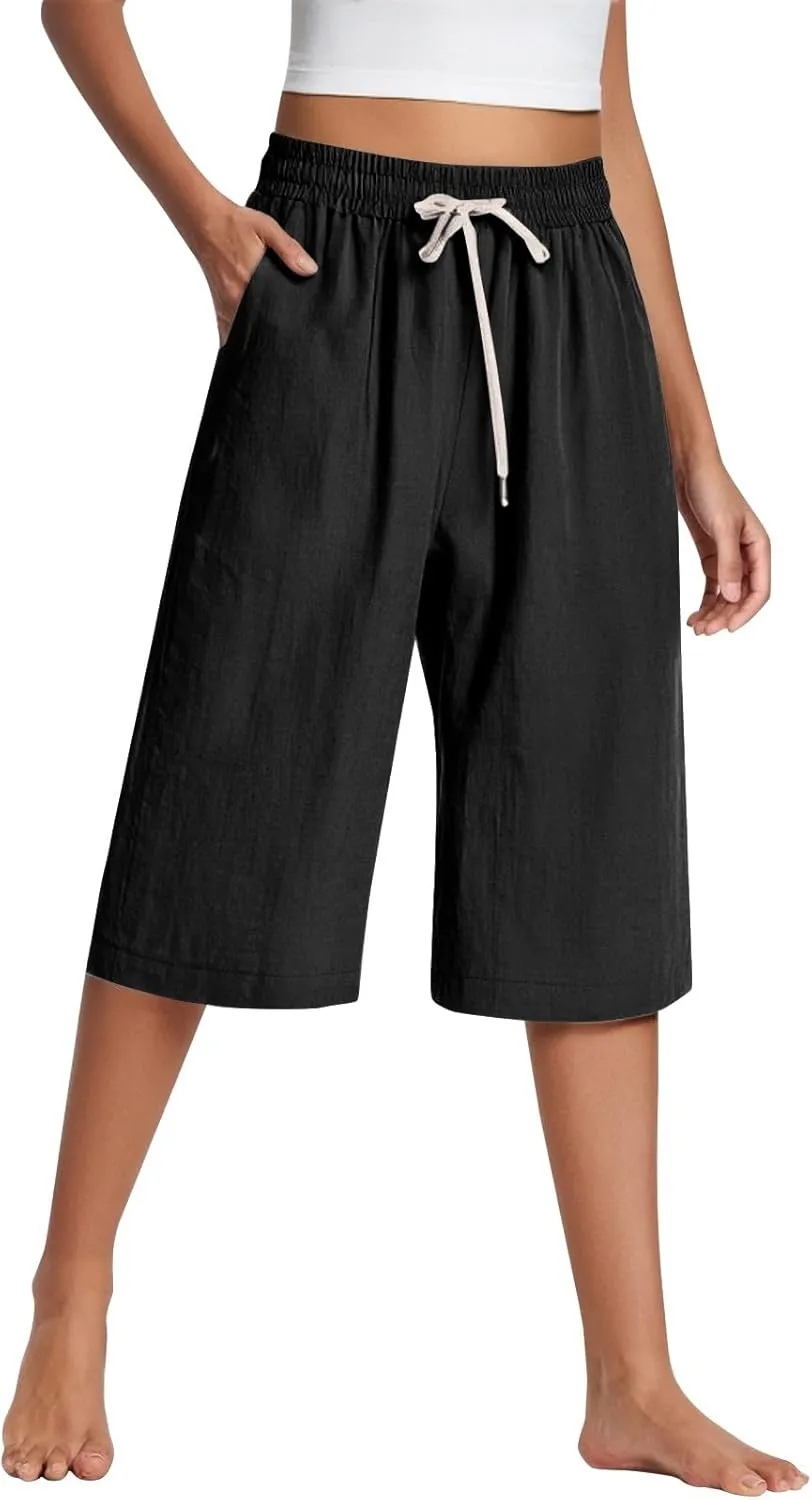 Baggy Linen Pants Women Plus Size High Waisted Wide Leg Lounge Pants with Pockets Cotton Vacation Beach Pants Capris