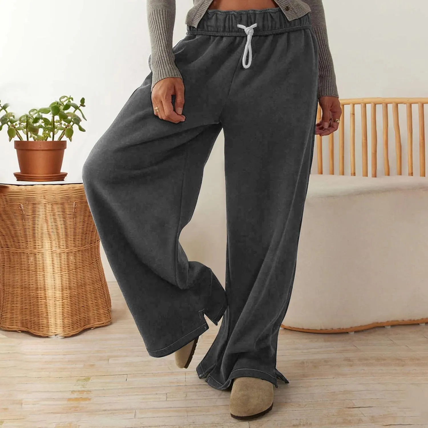 Baggy Sweat Pants for Women Elastic Wide Leg Pant Drawstring Elastic Waist Trouser Solid Plus Size Pant with Pockets