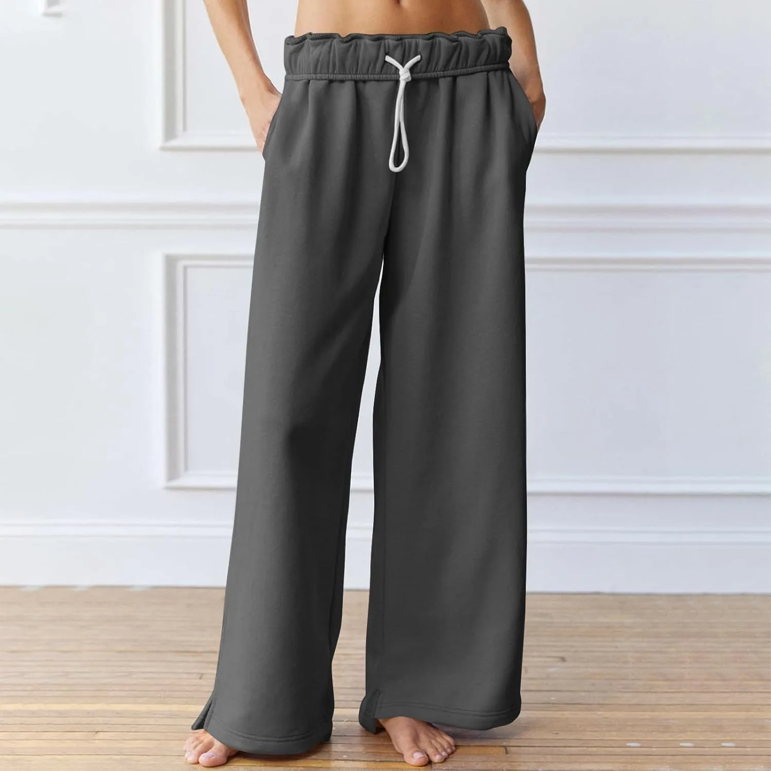 Baggy Sweat Pants for Women Elastic Wide Leg Pant Drawstring Elastic Waist Trouser Solid Plus Size Pant with Pockets