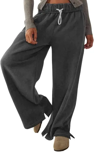 Baggy Sweat Pants for Women Elastic Wide Leg Pant Drawstring Elastic Waist Trouser Solid Plus Size Pant with Pockets