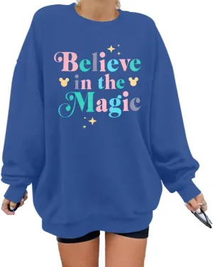 BANGELY Magical Sweatshirt Women Magic Kingdom Shirt Funny Believe in Magic Graphic Pullover Family Holiday Long Sleeve Tops