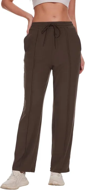 BATHRINS Women's Drawstring High Waisted Straight Long Trousers Pants with Pockets