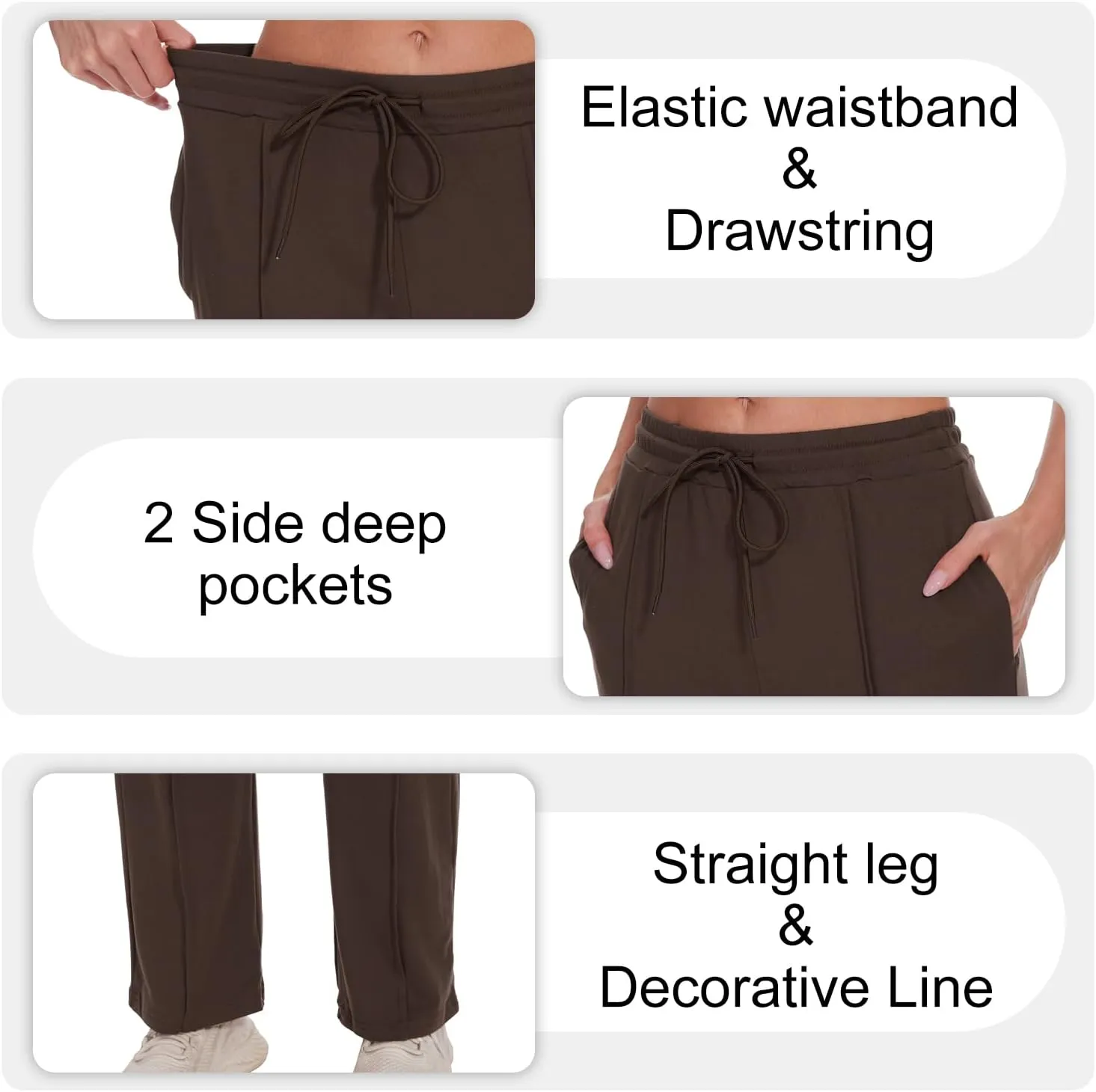 BATHRINS Women's Drawstring High Waisted Straight Long Trousers Pants with Pockets