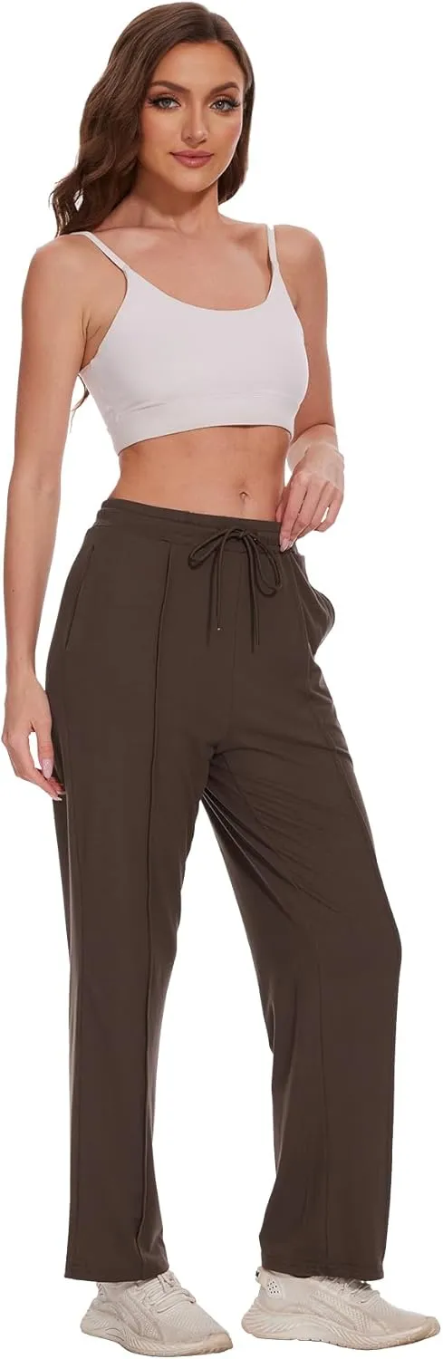 BATHRINS Women's Drawstring High Waisted Straight Long Trousers Pants with Pockets