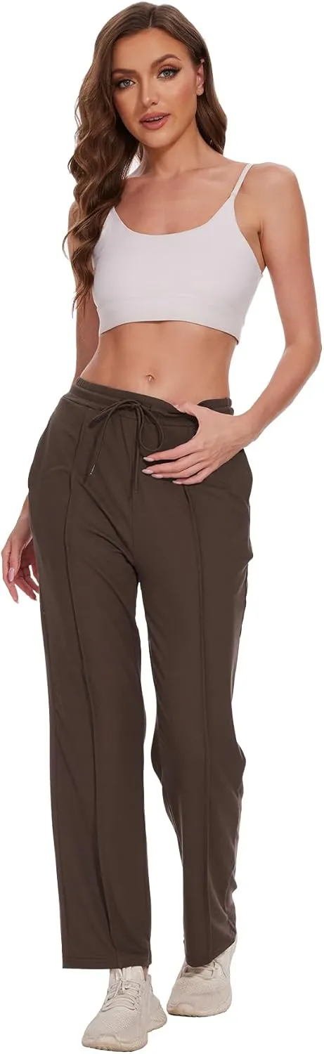 BATHRINS Women's Drawstring High Waisted Straight Long Trousers Pants with Pockets