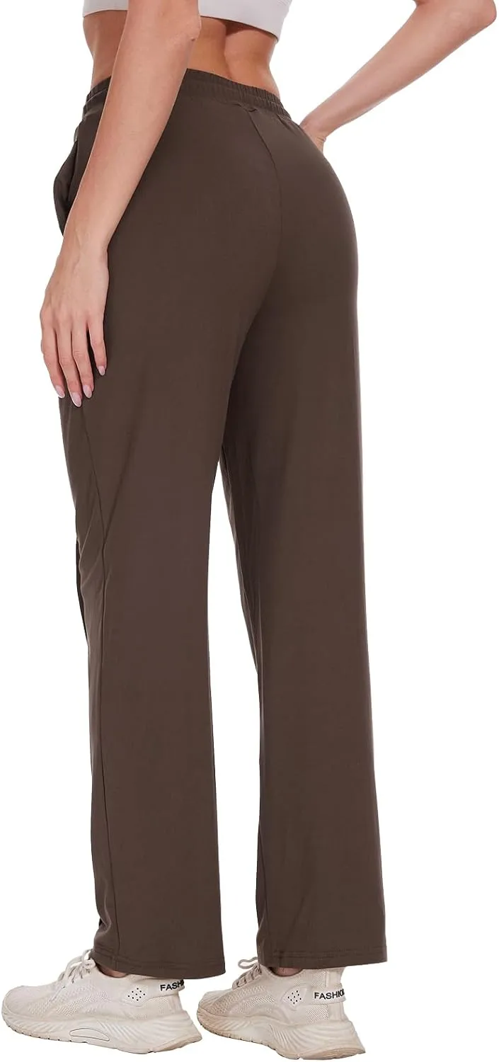 BATHRINS Women's Drawstring High Waisted Straight Long Trousers Pants with Pockets