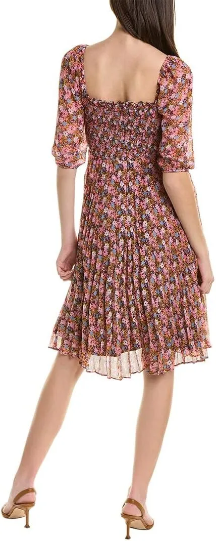 BCBGeneration Women's Fit and Flare Elbow Puff Sleeve Midi Dress Square Neck Ruffle Smocked Bodice Pleated Skirt