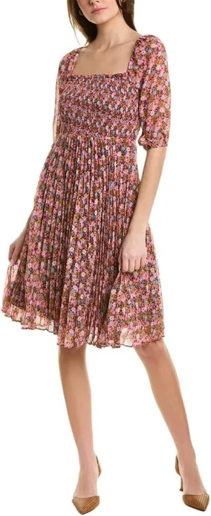 BCBGeneration Women's Fit and Flare Elbow Puff Sleeve Midi Dress Square Neck Ruffle Smocked Bodice Pleated Skirt
