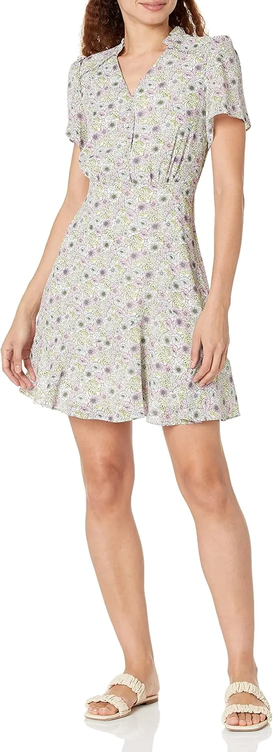 BCBGeneration Women's Fit and Flare Mini Day Dress Short Sleeve V Neck Ruffle Detail