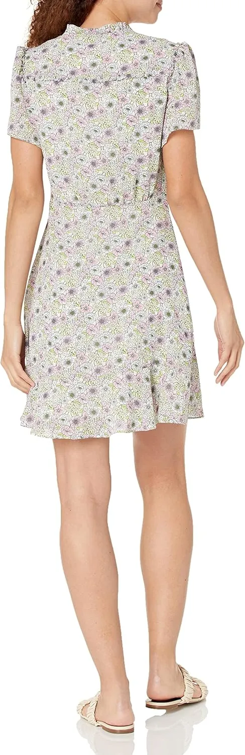 BCBGeneration Women's Fit and Flare Mini Day Dress Short Sleeve V Neck Ruffle Detail
