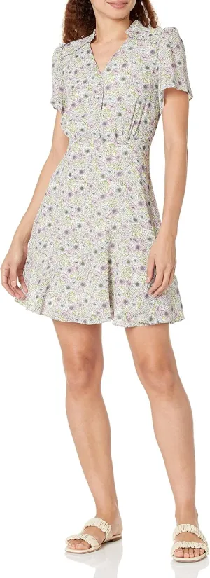 BCBGeneration Women's Fit and Flare Mini Day Dress Short Sleeve V Neck Ruffle Detail