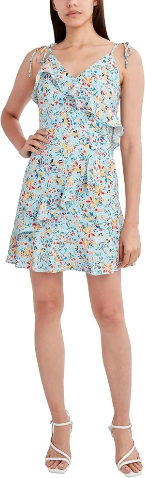 BCBGeneration Women's Fit and Flare Spaghetti Strap Tie Ruffle Trim Mini Dress