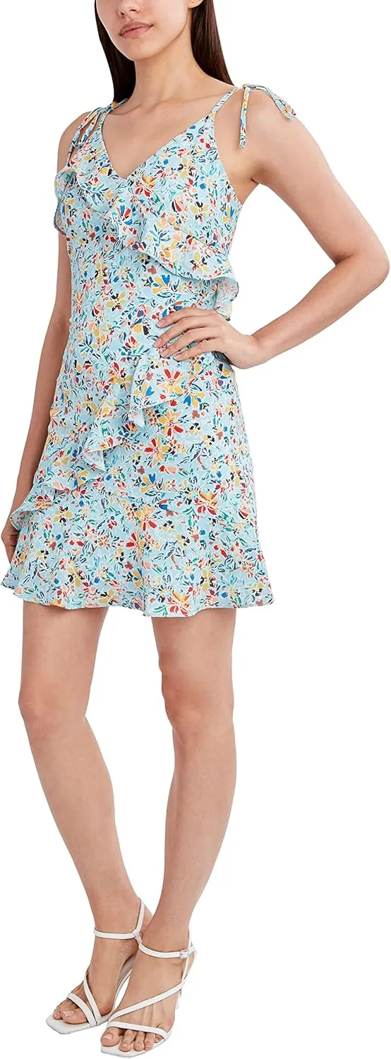 BCBGeneration Women's Fit and Flare Spaghetti Strap Tie Ruffle Trim Mini Dress