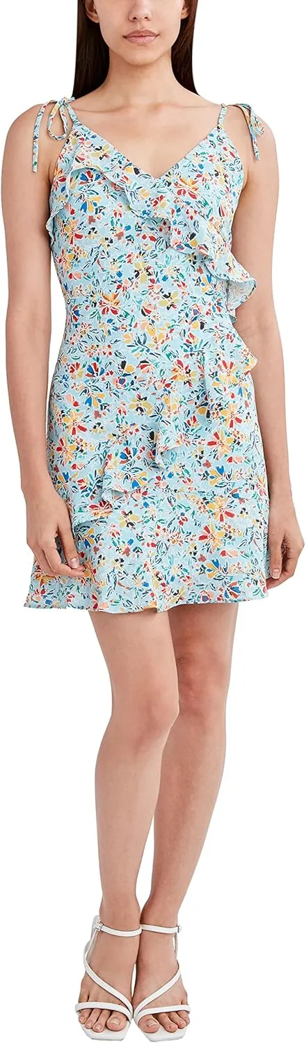 BCBGeneration Women's Fit and Flare Spaghetti Strap Tie Ruffle Trim Mini Dress