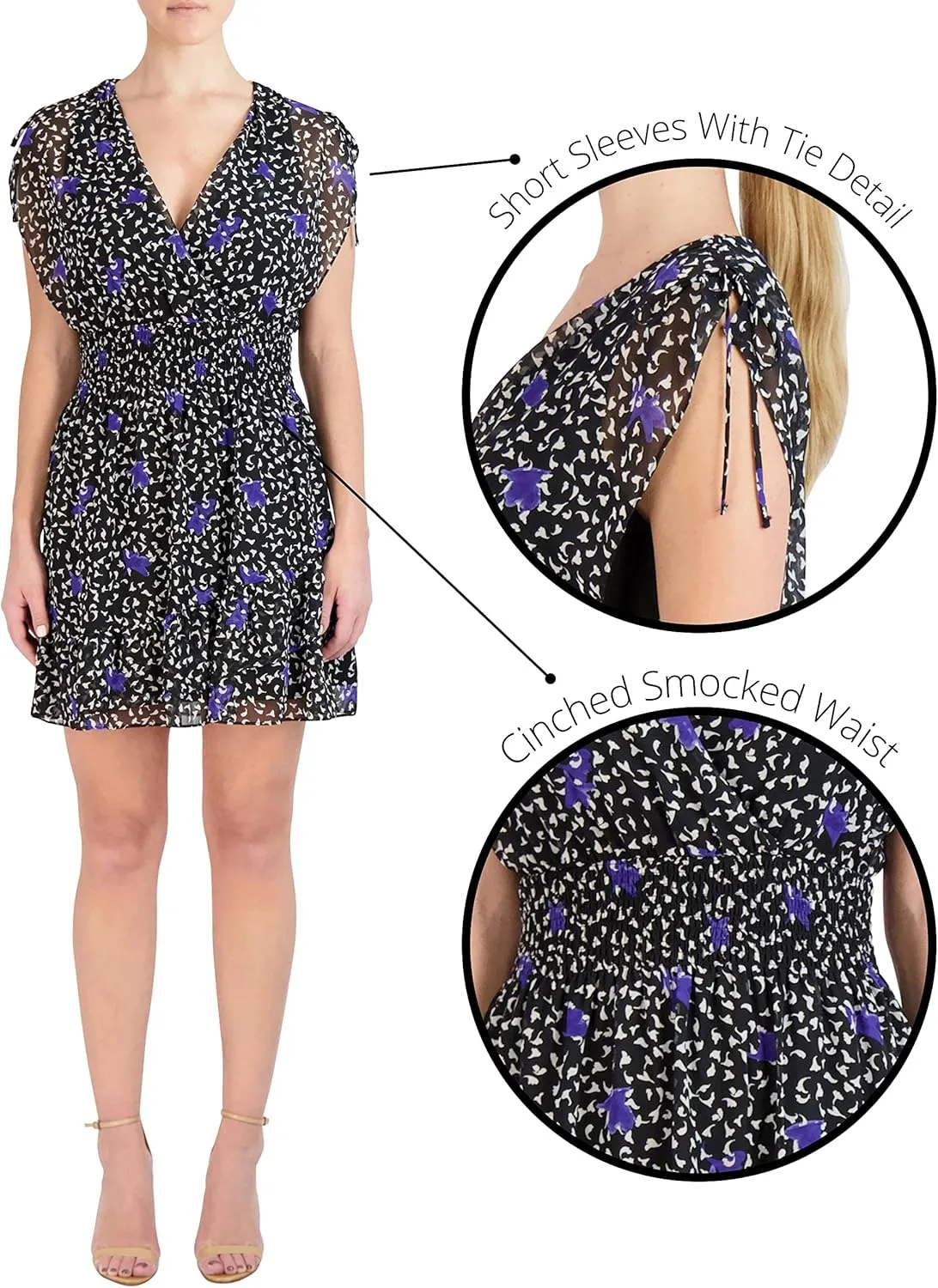 BCBGeneration Women's Short Sleeve V Neck Elastic Stretch Asymmetrical Ruffle Hem Mini Dress