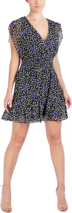 BCBGeneration Women's Short Sleeve V Neck Elastic Stretch Asymmetrical Ruffle Hem Mini Dress