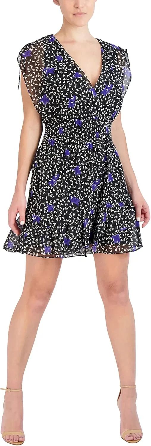 BCBGeneration Women's Short Sleeve V Neck Elastic Stretch Asymmetrical Ruffle Hem Mini Dress