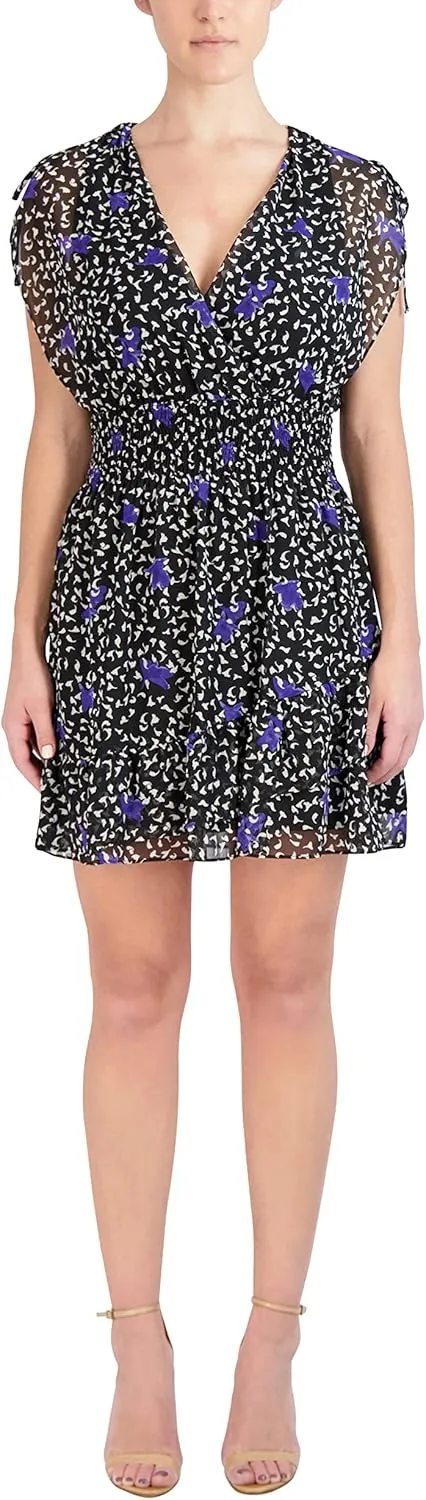 BCBGeneration Women's Short Sleeve V Neck Elastic Stretch Asymmetrical Ruffle Hem Mini Dress