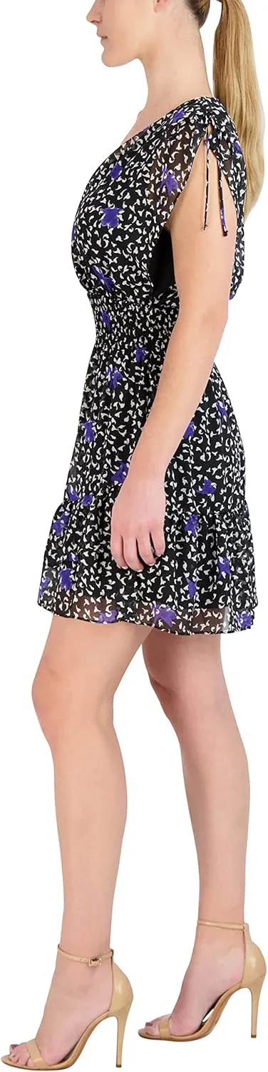 BCBGeneration Women's Short Sleeve V Neck Elastic Stretch Asymmetrical Ruffle Hem Mini Dress
