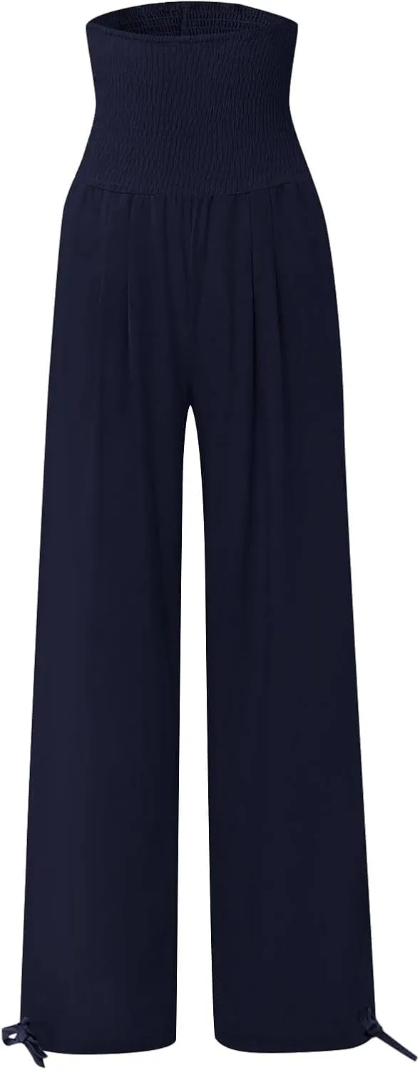 Beach Pants for Women Straight Leg Beach Pants Drawstring Elastic Waist Dressy Joggers Linen Wide Leg Long Trousers