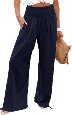 Beach Pants for Women Straight Leg Beach Pants Drawstring Elastic Waist Dressy Joggers Linen Wide Leg Long Trousers