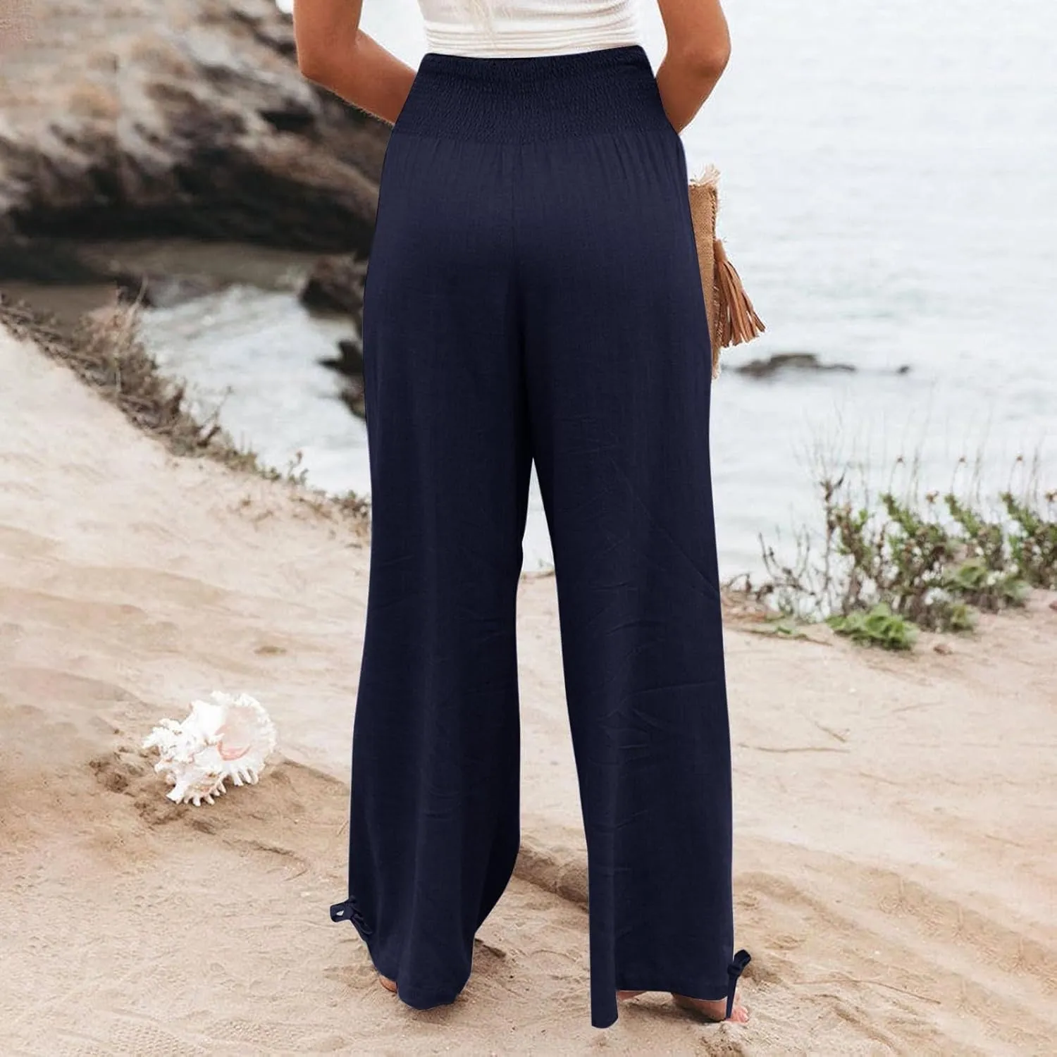 Beach Pants for Women Straight Leg Beach Pants Drawstring Elastic Waist Dressy Joggers Linen Wide Leg Long Trousers