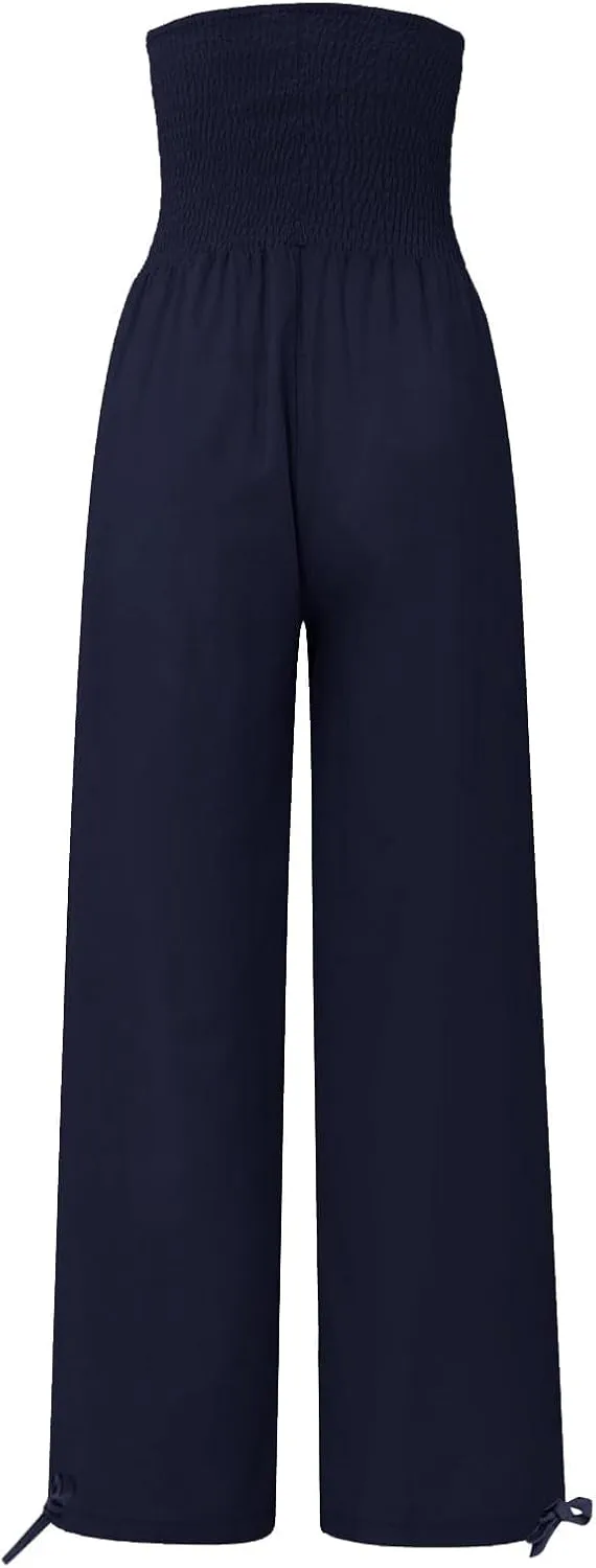 Beach Pants for Women Straight Leg Beach Pants Drawstring Elastic Waist Dressy Joggers Linen Wide Leg Long Trousers