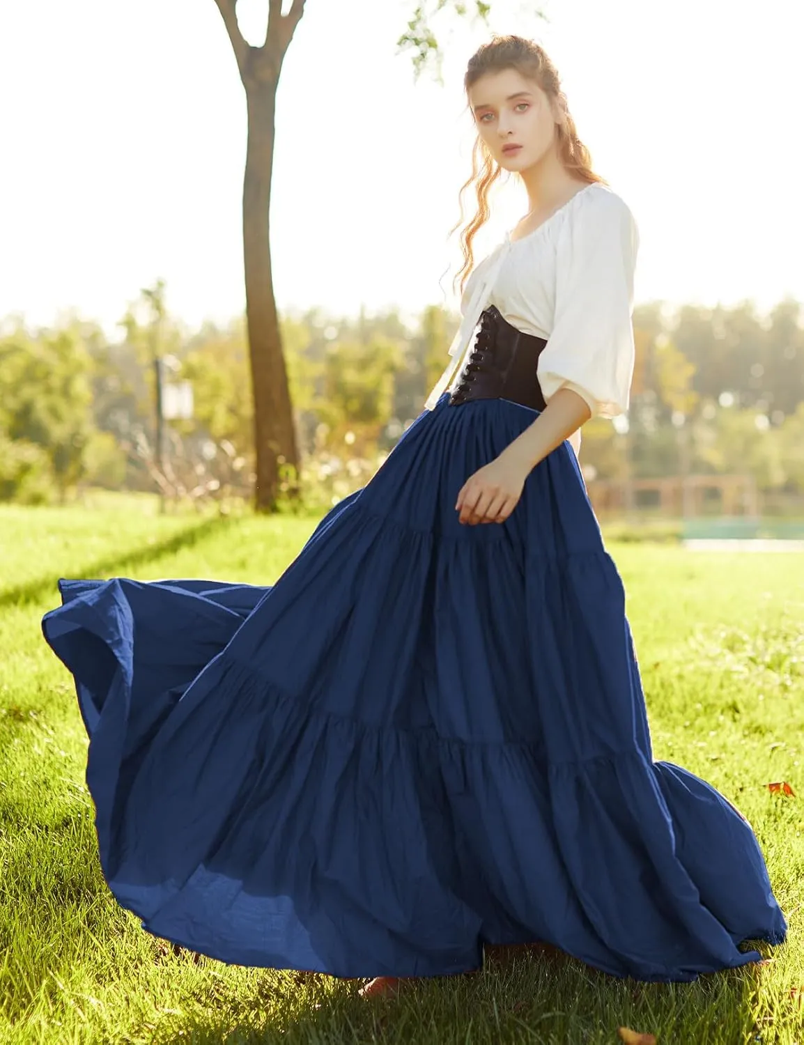BEAUTELICATE 100% Cotton Victorian Maxi Skirt Women Gypsy Medieval Renaissance Boho Skirt Full Length